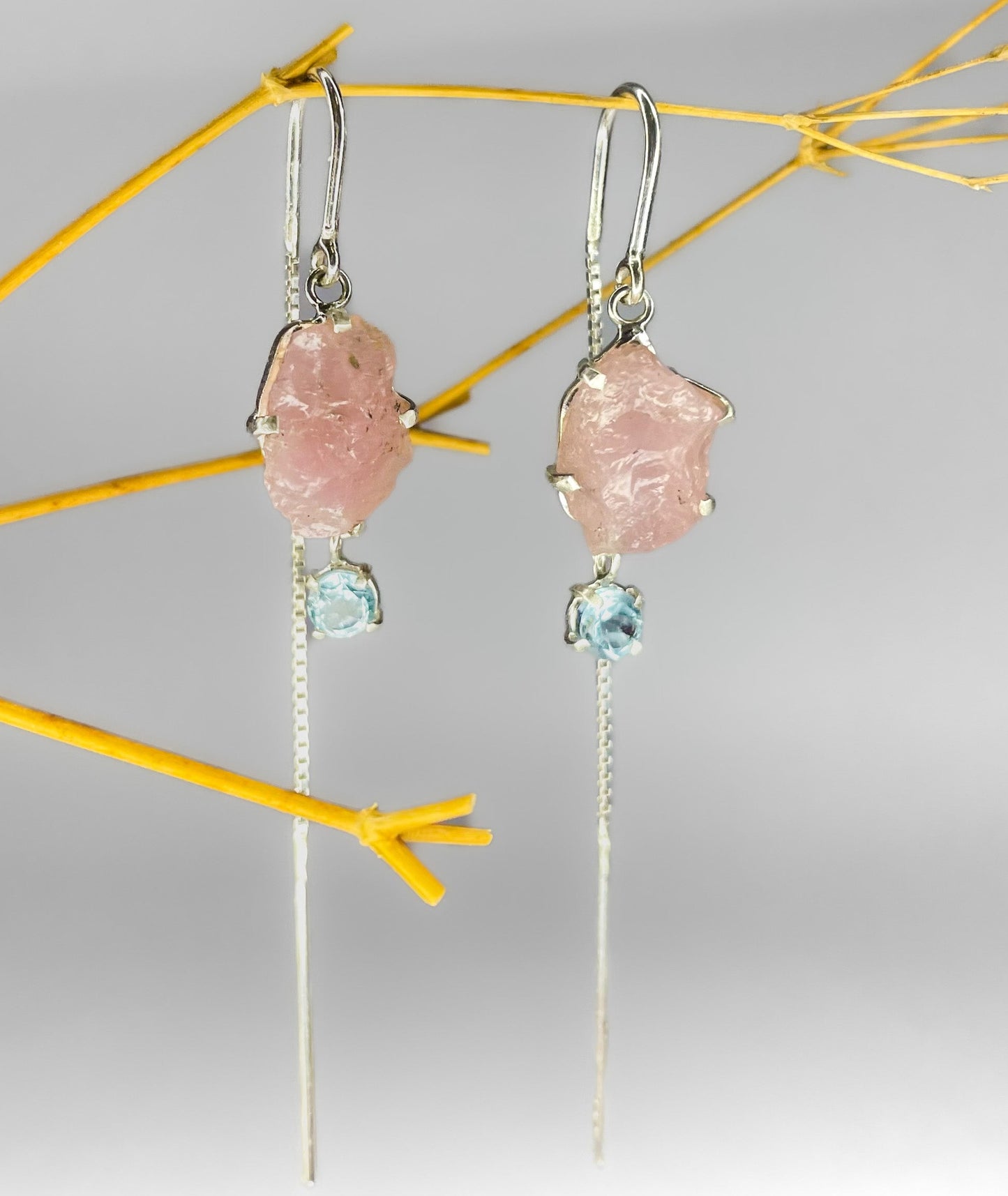 Brinco Purnam Quartzo Rosa, Água-Marinha e Prata Kahla