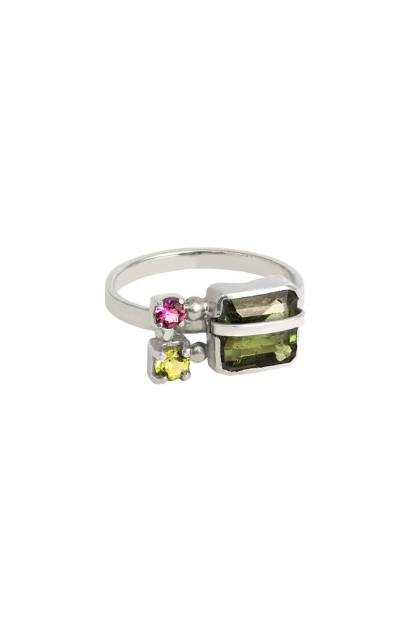 Anel Petrichor Turmalina Verde, Peridoto, Turmalina Rosa e Prata Kahla