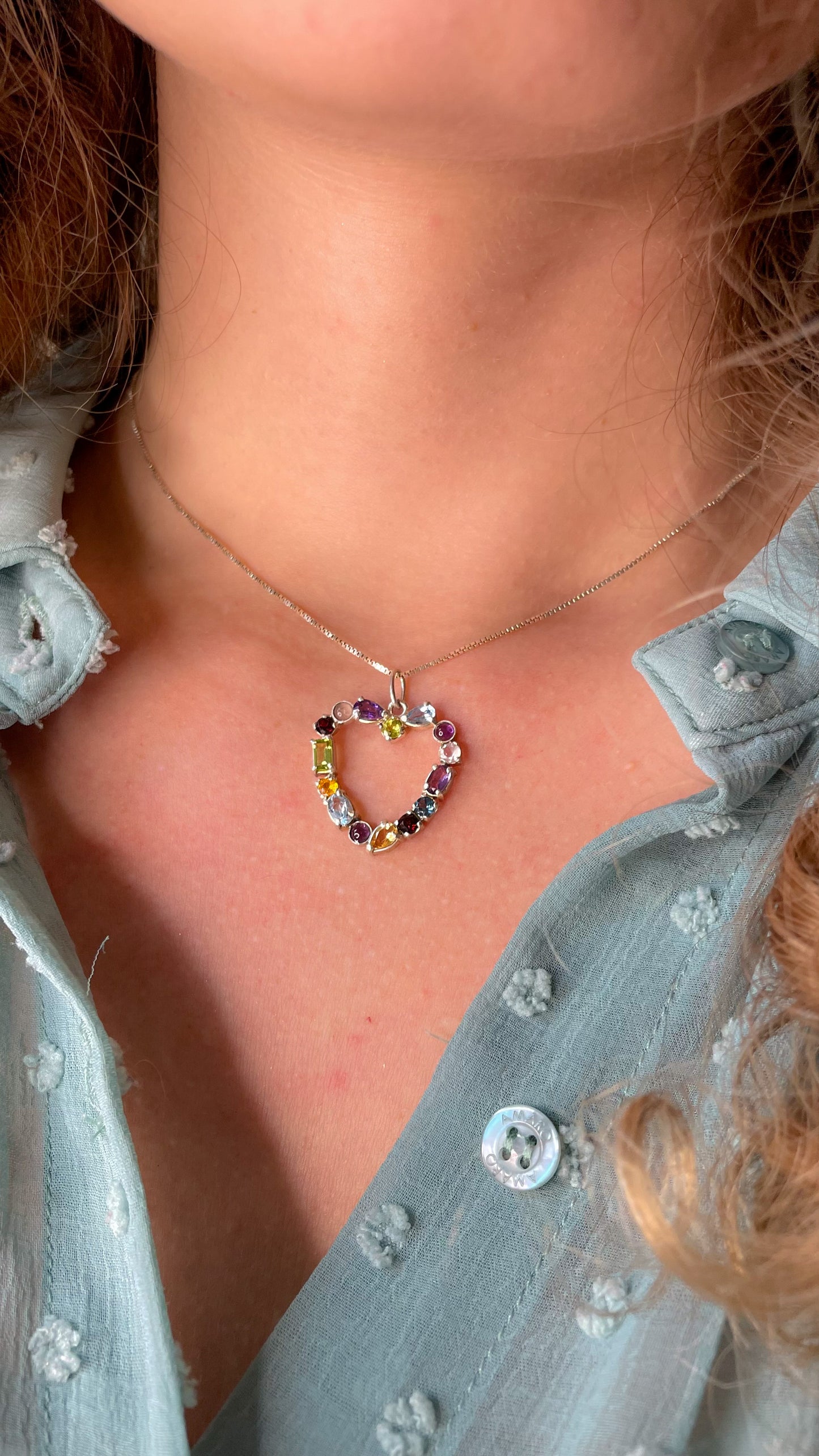 Pingente Doux Coração Ametista,Quartzo rosa, Granada,Granada Laranja Topázio azul Sky, Peridoto, Citrino e Prata Kahla