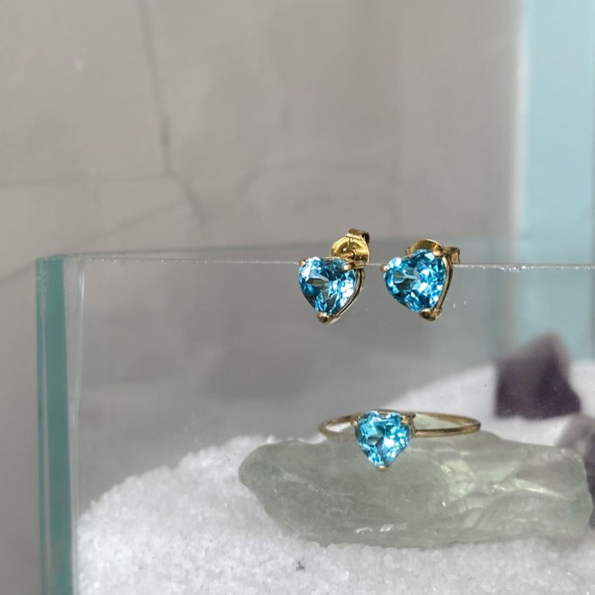 Brinco Coração Topázio Azul e Ouro 18k Kahla