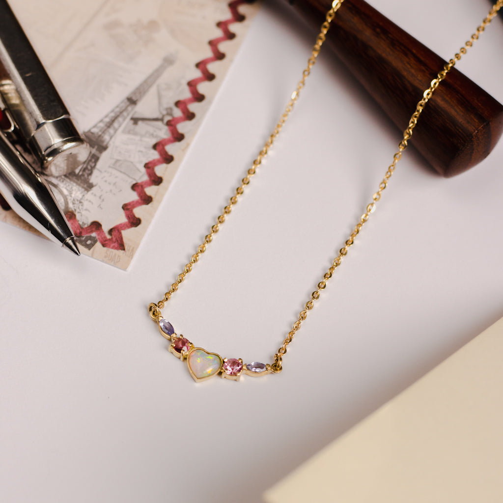 Colar Zora Opala, Turmalina Rosa, Tanzanita e Ouro 18k Kahla