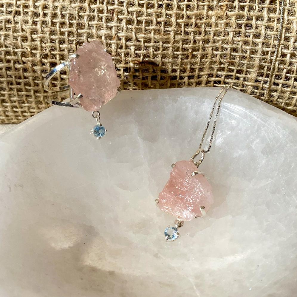 Pingente Purnam Quartzo Rosa, Água-Marinha e Prata usekahla.com
