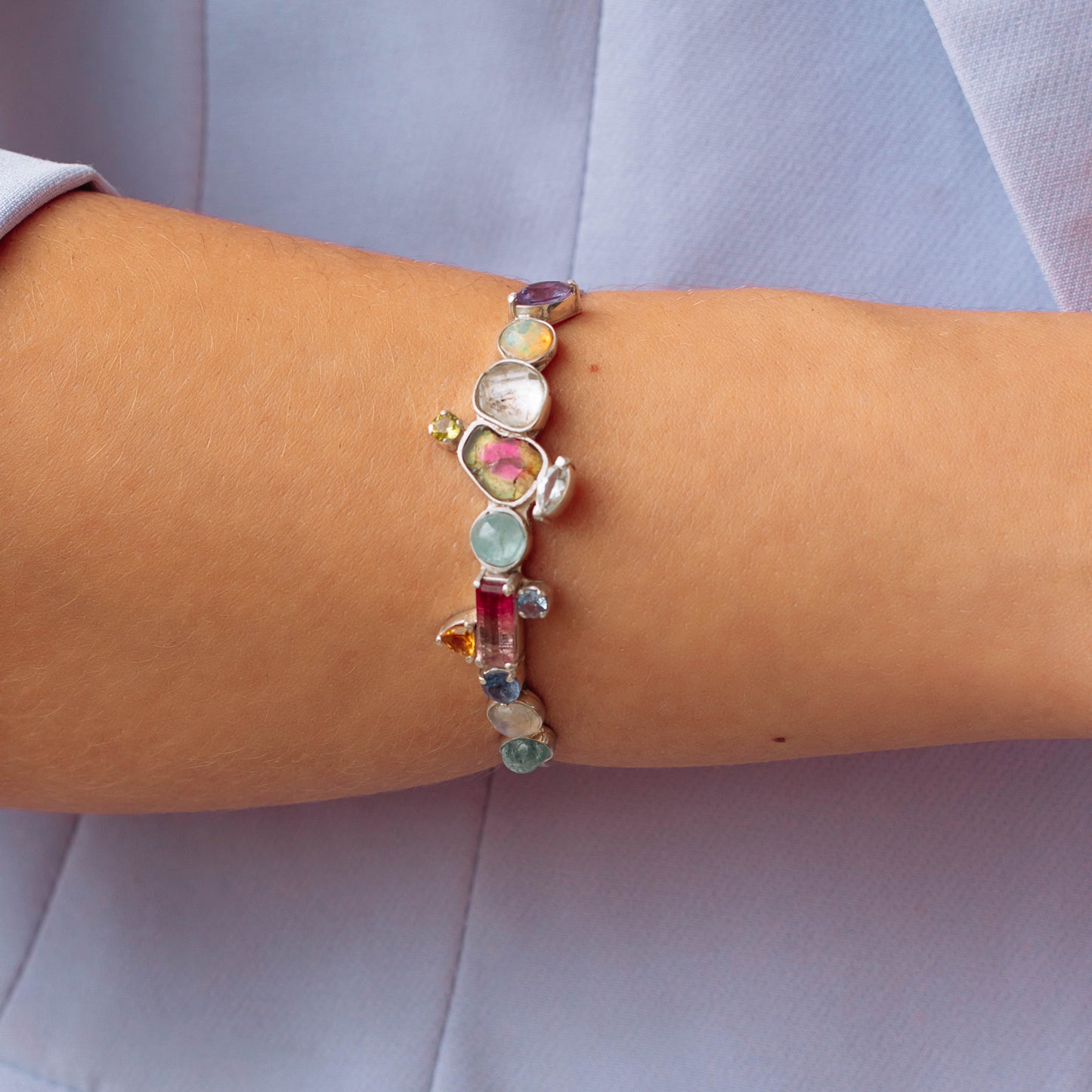 Pulseira Colorê Única | Ametista, Opala, Topázio,Turmalina, Água-Marinha, Citrino,Pedra da Lua, Tanzanita, Peridoto e Prata Kahla