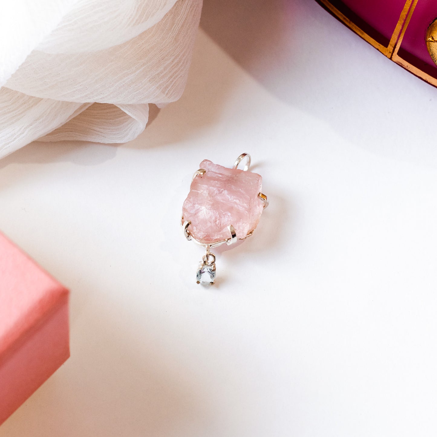 Pingente Purnam Quartzo Rosa, Água-Marinha e Prata usekahla.com
