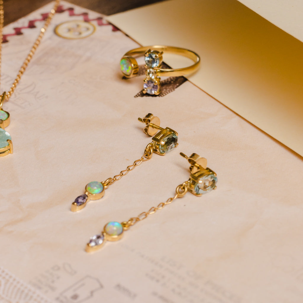 Brinco Zora Opala, Tanzanita, Água Marinha e Ouro 18k Kahla