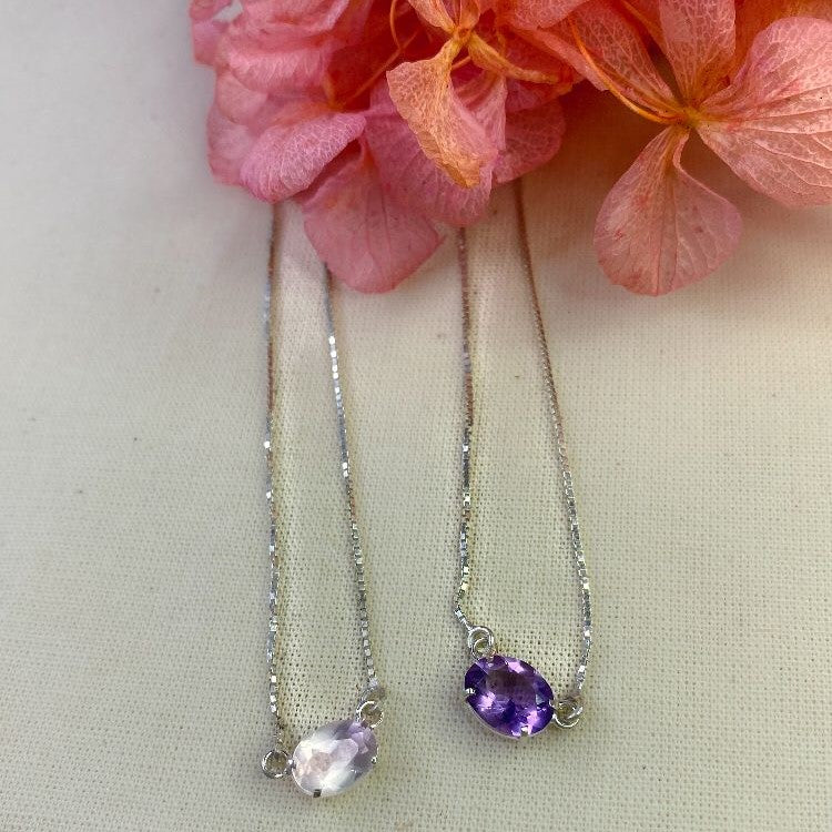 Escapulário Ilumiara Quartzo Rosa, Ametista e Prata usekahla.com