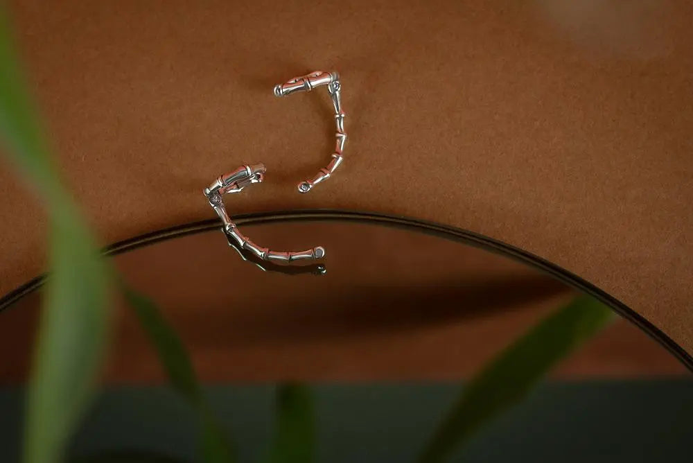 Brinco Piercing de Encaixe Bambu Prata e Cristal usekahla.com