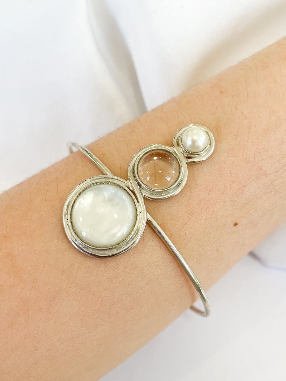 Pulseira Rijo Madrepérola, Cristal, Pérola Botão e Prata 925 Kahla