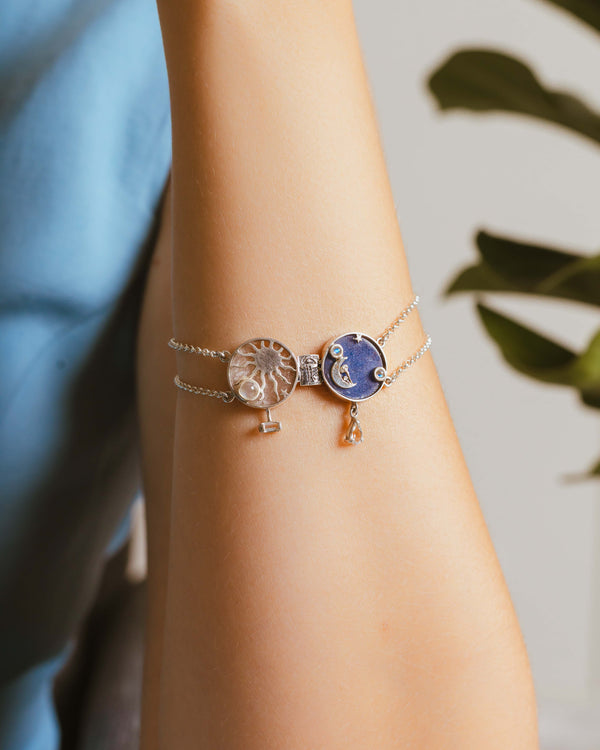 Pulseira Sol e Lua Topázio Branco, Pedra da Lua e Prata 925 Kahla