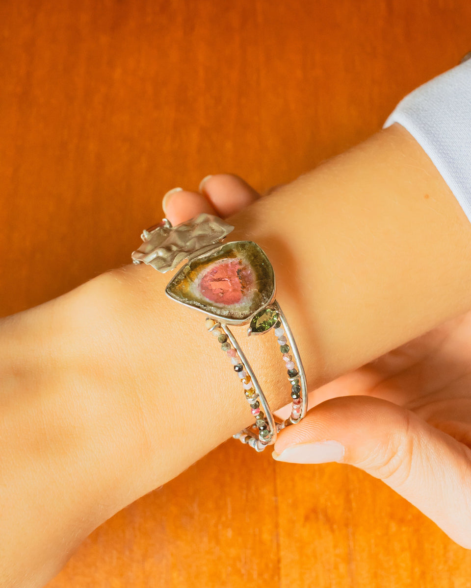 Bracelete Smash Turmalina Melancia, Turmalina Verde, Turmalina Rosa Prata Kahla
