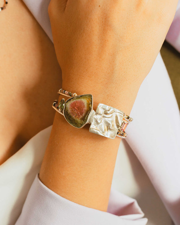 Bracelete Smash Turmalina Melancia, Turmalina Verde, Turmalina Rosa Prata Kahla