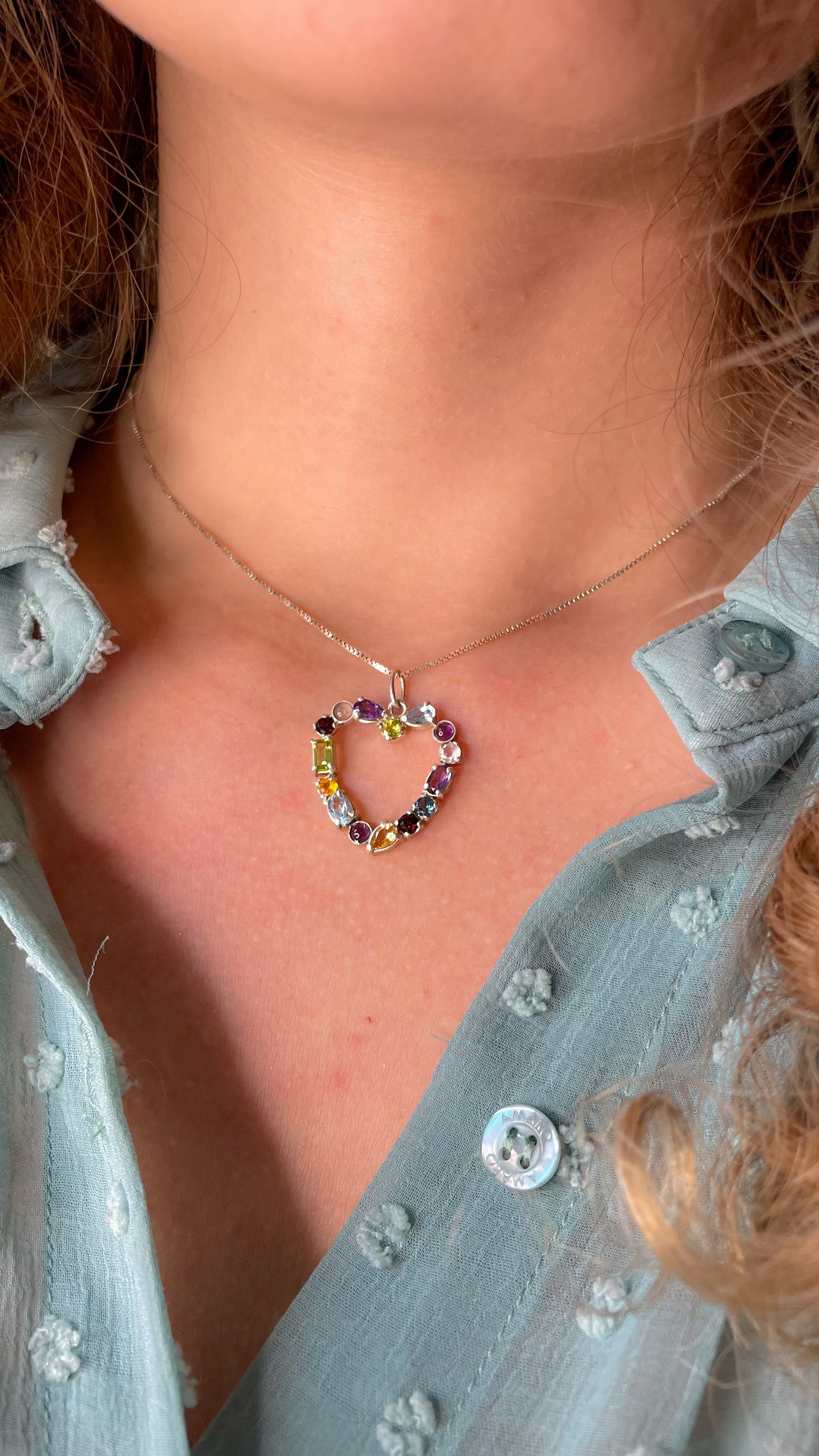 Pingente Doux Coração Ametista,Quartzo rosa, Granada,Granada Laranja Topázio azul Sky, Peridoto, Citrino e Prata Kahla