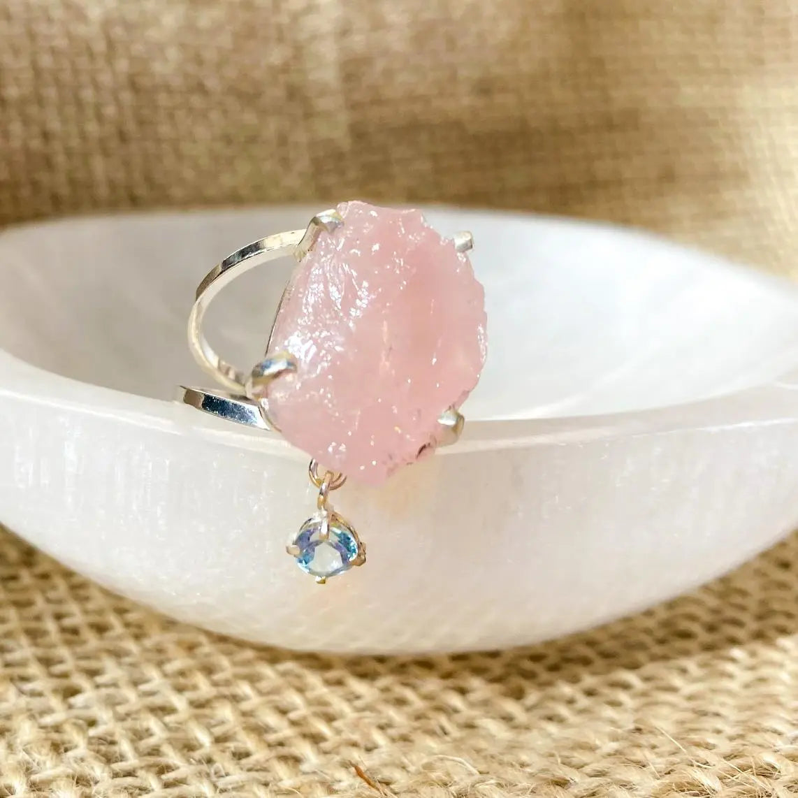 Anel Purnam Quartzo Rosa, Água- Marinha e Prata usekahla.com